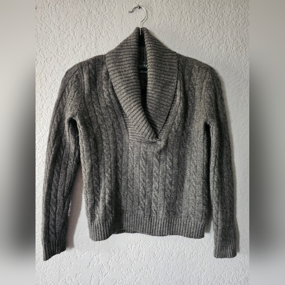 Ralph Lauren Women's Cable Knit Cowl Turtleneck Sweater S 100% Cashmere